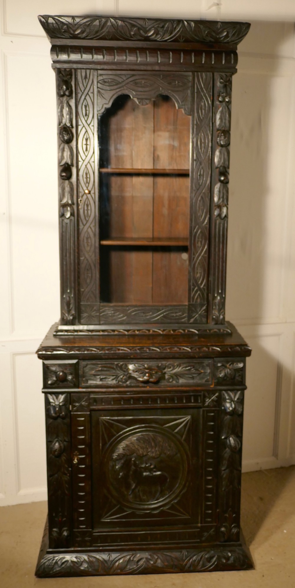 Early Victorian Carved Gothic Oak Bookcase, Green Man Game Cupboard