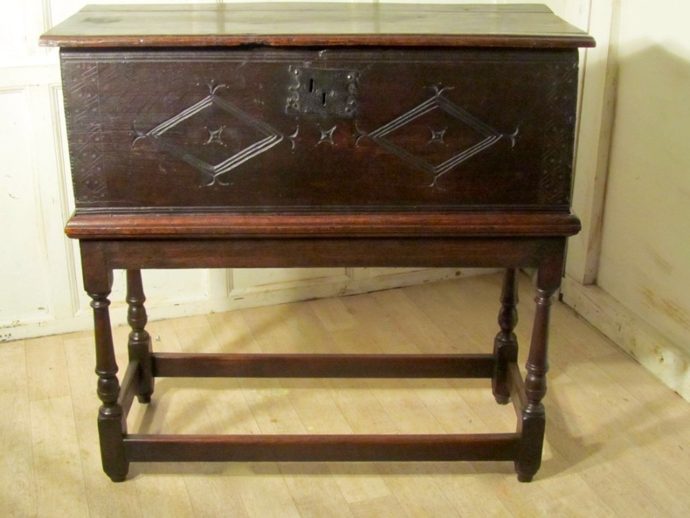 17th Carved Oak Bible Box, Chest on Stand