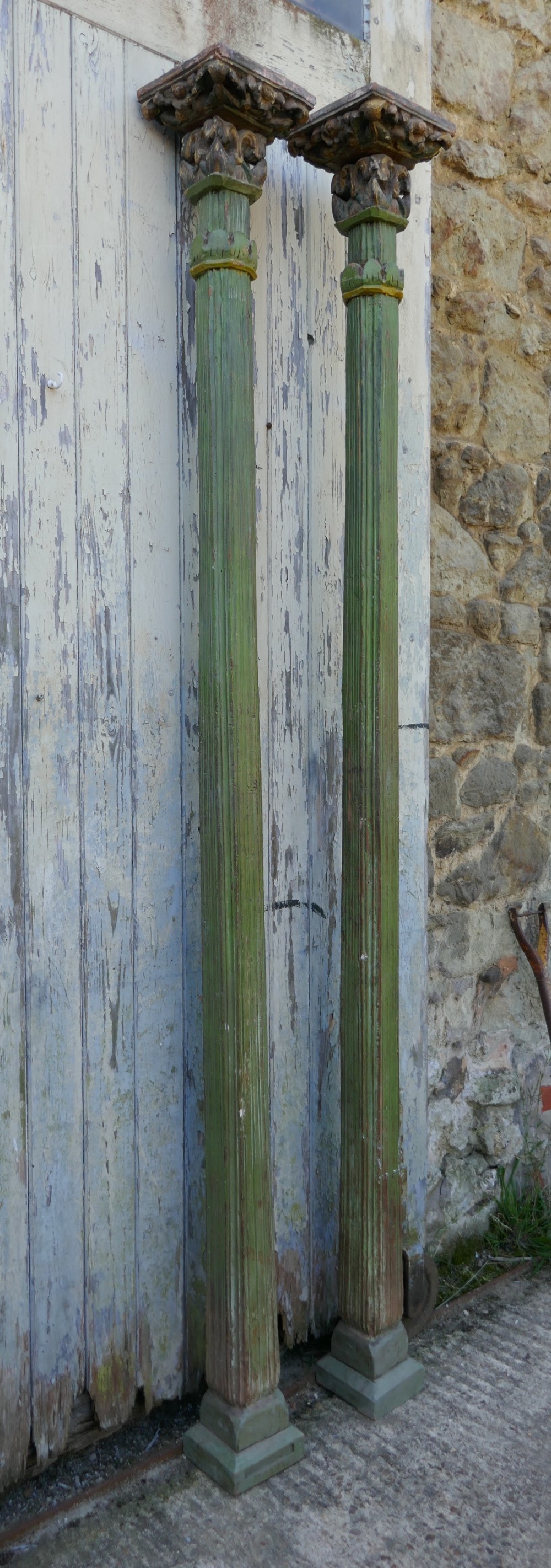 A Pair of Antique Carved and Painted Corinthian Type Columns
