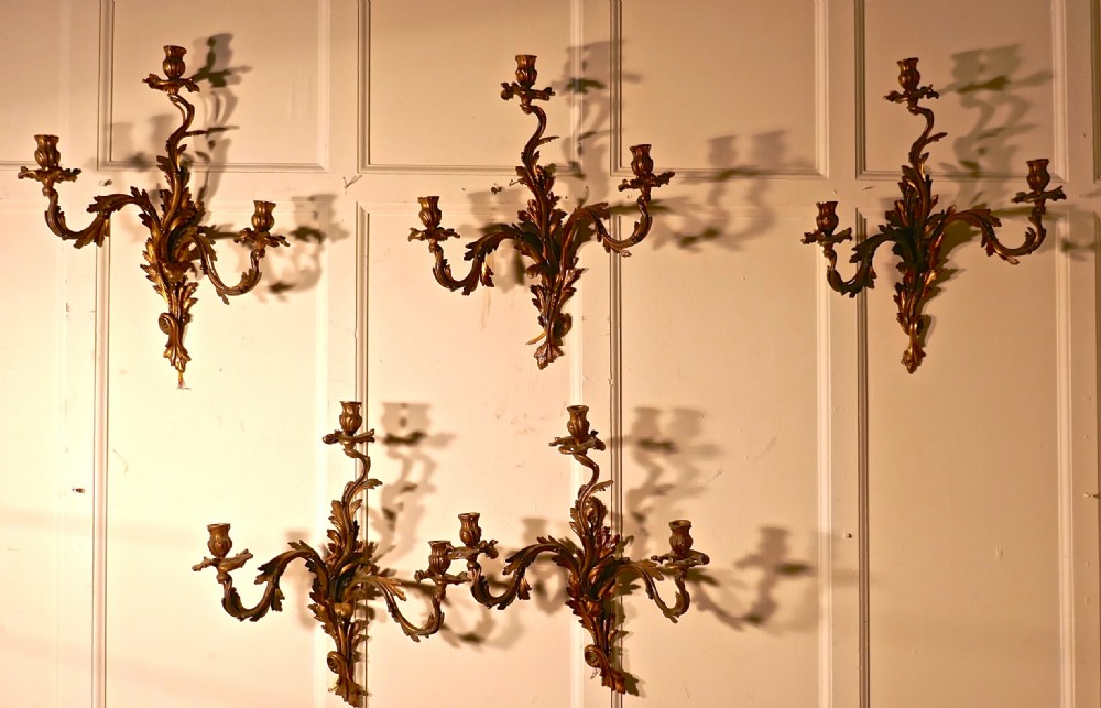A set of 5  Large Gilded Bronze Triple French Wall Sconces 