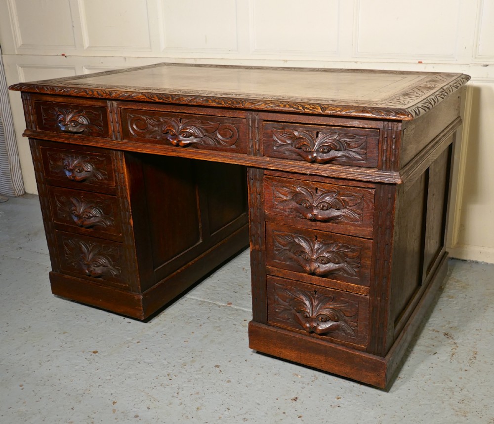19th Century Green Man Carved Oak Pedestal Desk