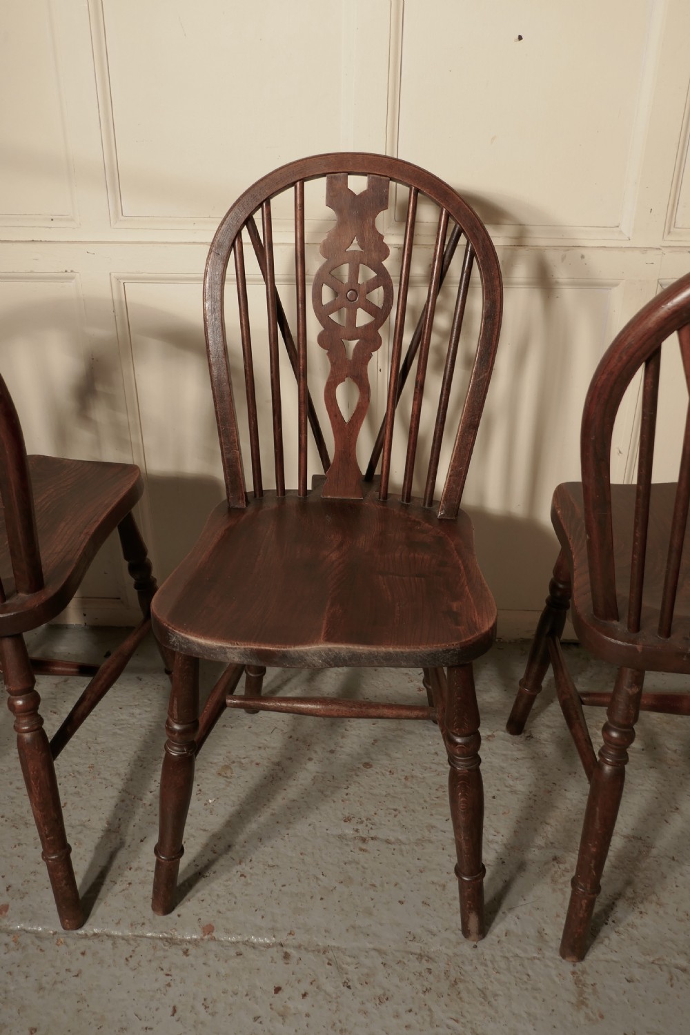 A Set of 4 Victorian Beech & Elm Wheel Back Windsor Kitchen Dining Chairs View II
