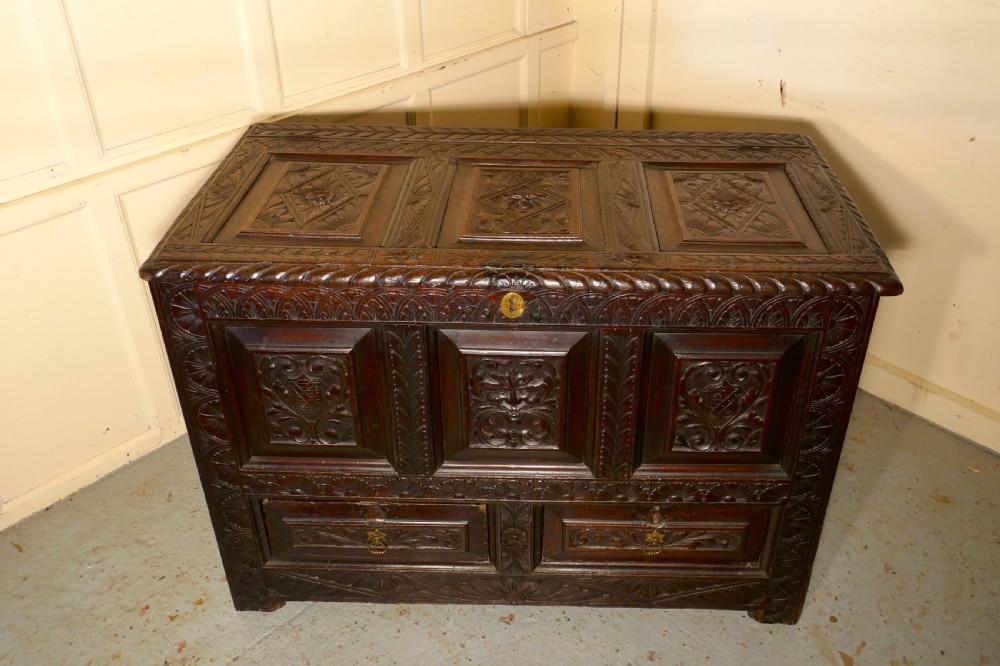 Large Carved Oak Mule Chest, Green Man Marriage Chest
