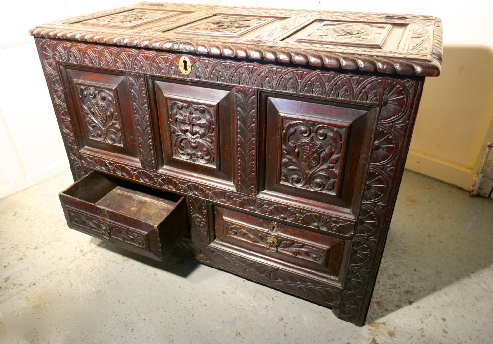 Large Carved Oak Mule Chest, Green Man Marriage Chest View III