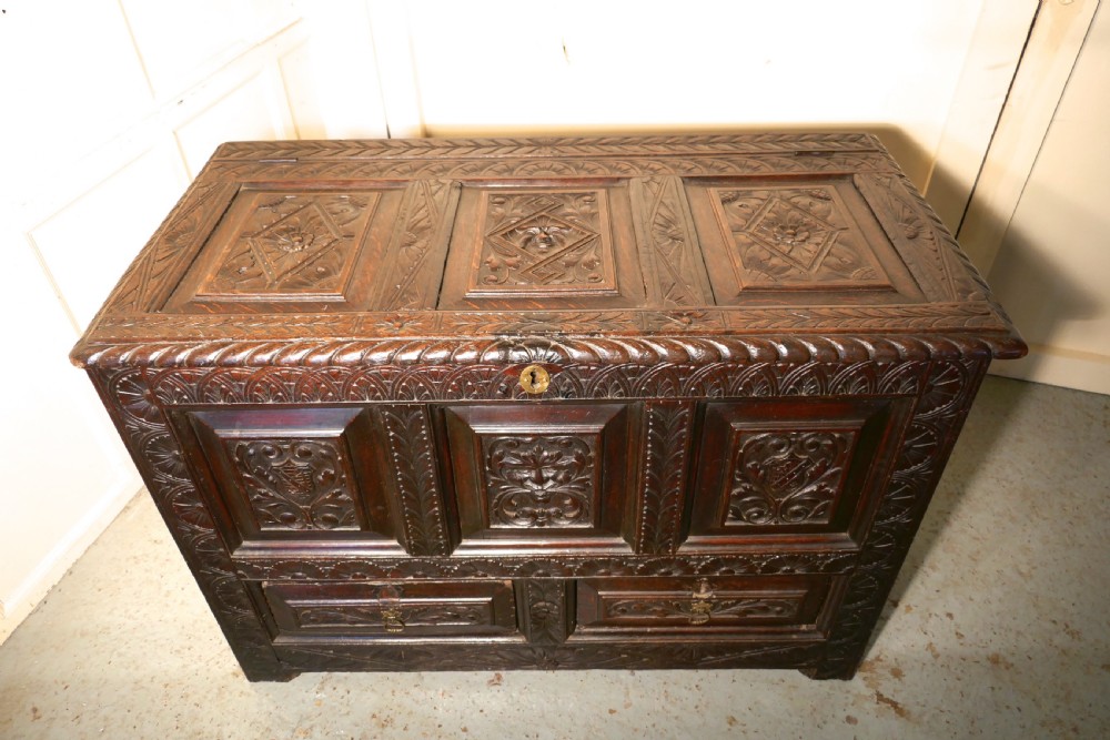 Large Carved Oak Mule Chest, Green Man Marriage Chest View IV