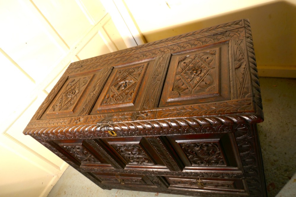 Large Carved Oak Mule Chest, Green Man Marriage Chest View V