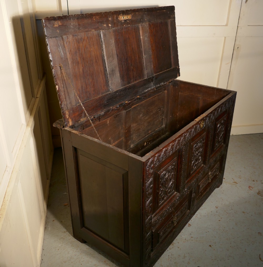 Large Carved Oak Mule Chest, Green Man Marriage Chest View VI