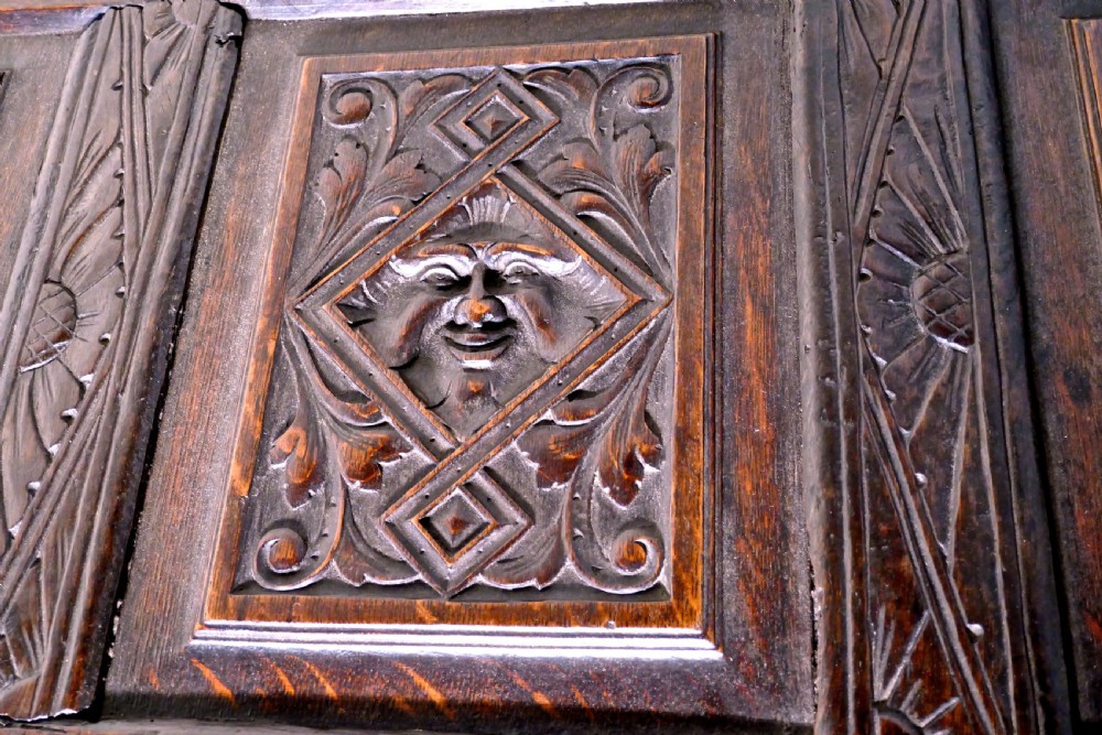 Large Carved Oak Mule Chest, Green Man Marriage Chest View IX