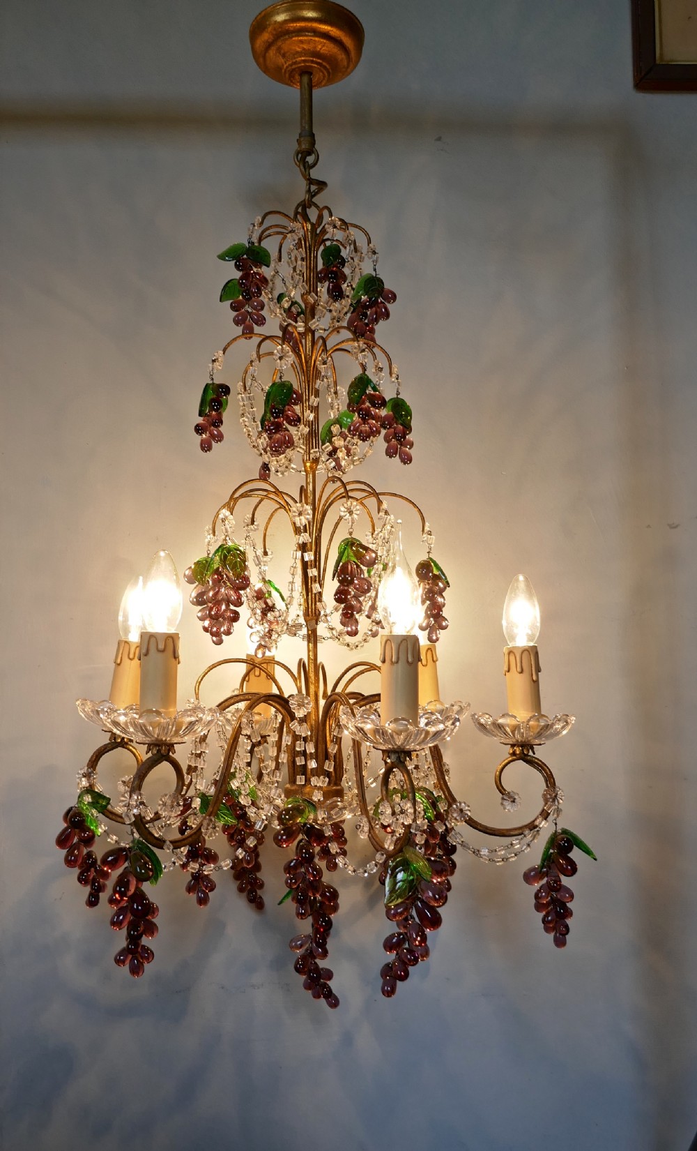 Large 6 Branch Chandelier Hung with Amethyst Grapes