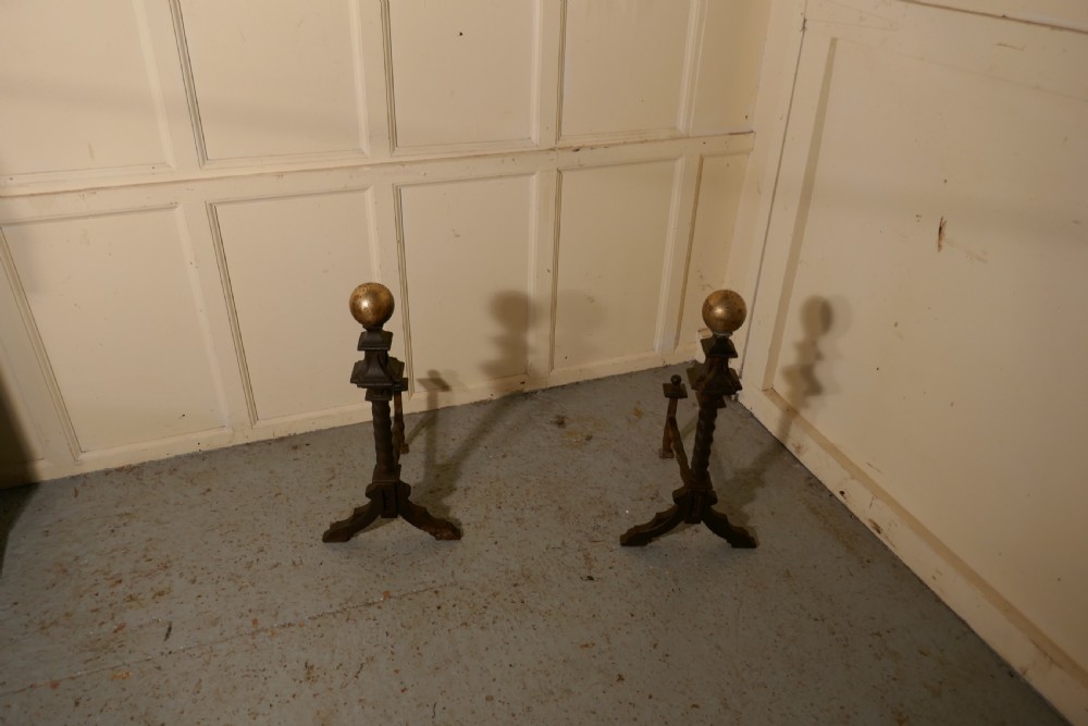 A Very Large and Heavy Pair of French 19th Century Brass & Iron Andirons or Fire Dogs