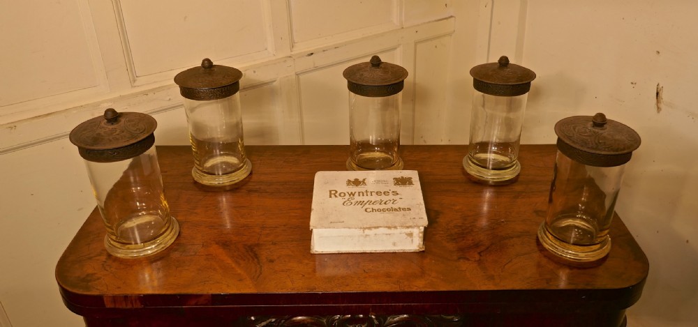 Set of 5 19th Century Rountree’s Sweet Gums Jars with Chocolate Box