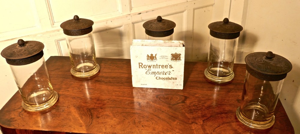 Set of 5 19th Century Rountree’s Sweet Gums Jars with Chocolate Box View VI