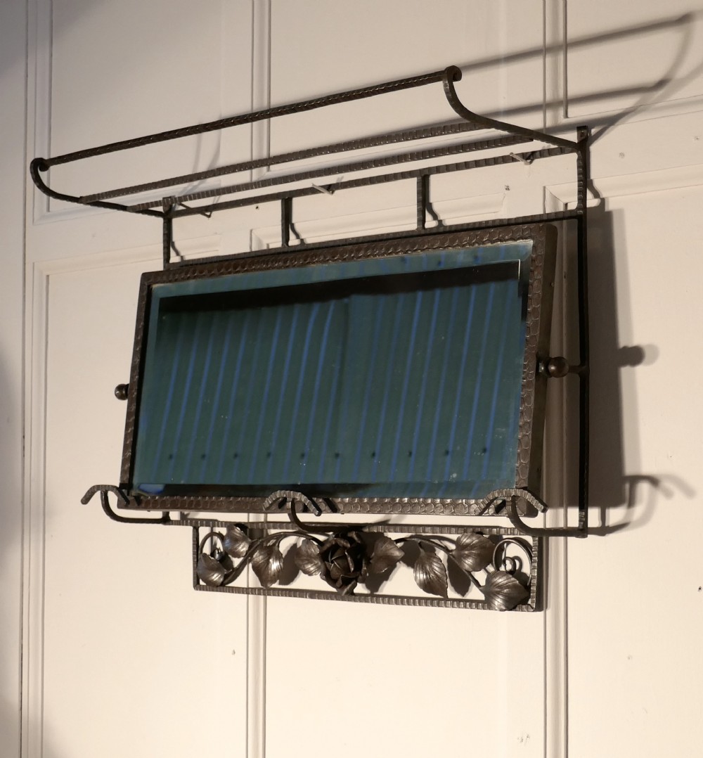 French Art Deco Iron Hat and Coat Shelf Brutalist Mirror, Pullman Style