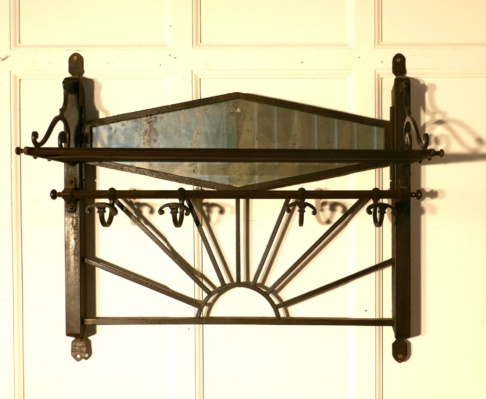 French Art Deco Iron Hat and Coat Rack with Shelf & Mirror, Pullman Style