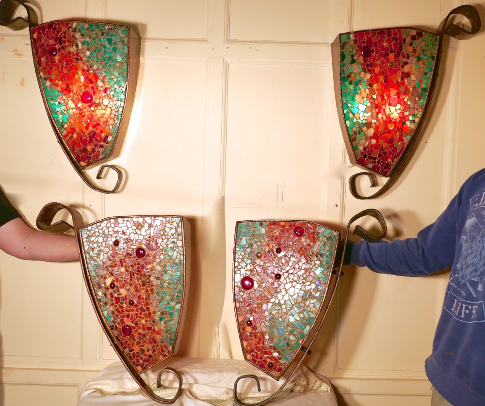 Set of 4 Extra Large Gothic Art Deco Glass and Copper Wall Lights
