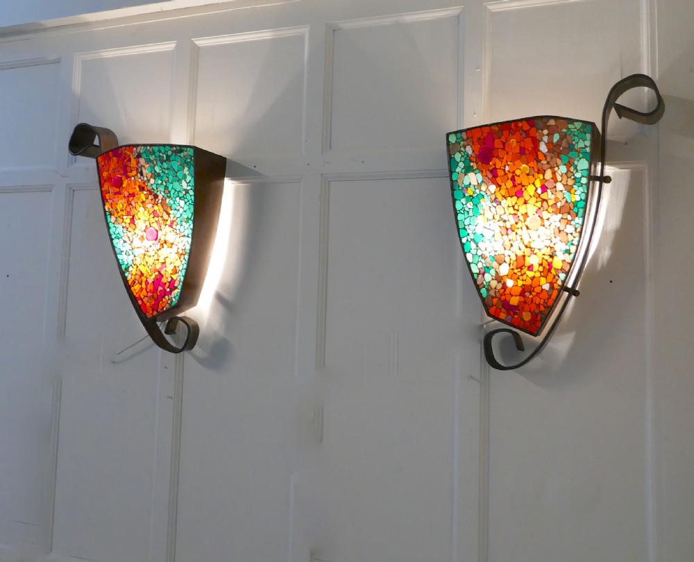 Set of 4 Extra Large Gothic Art Deco Glass and Copper Wall Lights View II