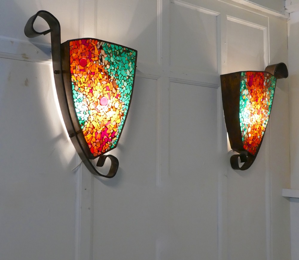 Set of 4 Extra Large Gothic Art Deco Glass and Copper Wall Lights View III