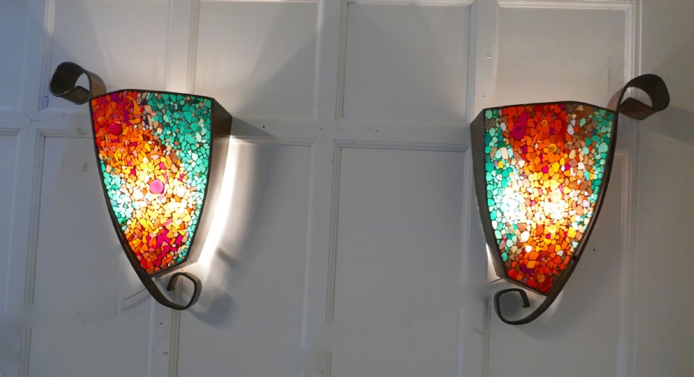 Set of 4 Extra Large Gothic Art Deco Glass and Copper Wall Lights View IV