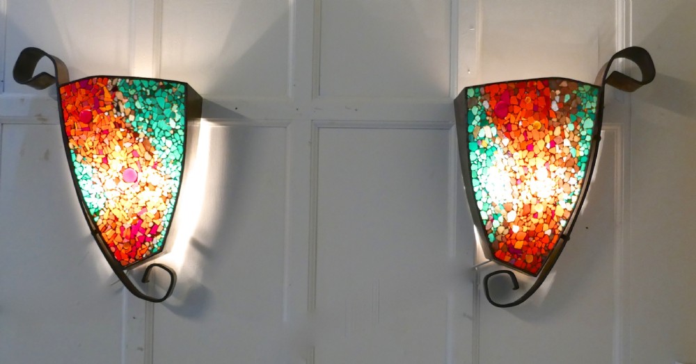 Set of 4 Extra Large Gothic Art Deco Glass and Copper Wall Lights View V