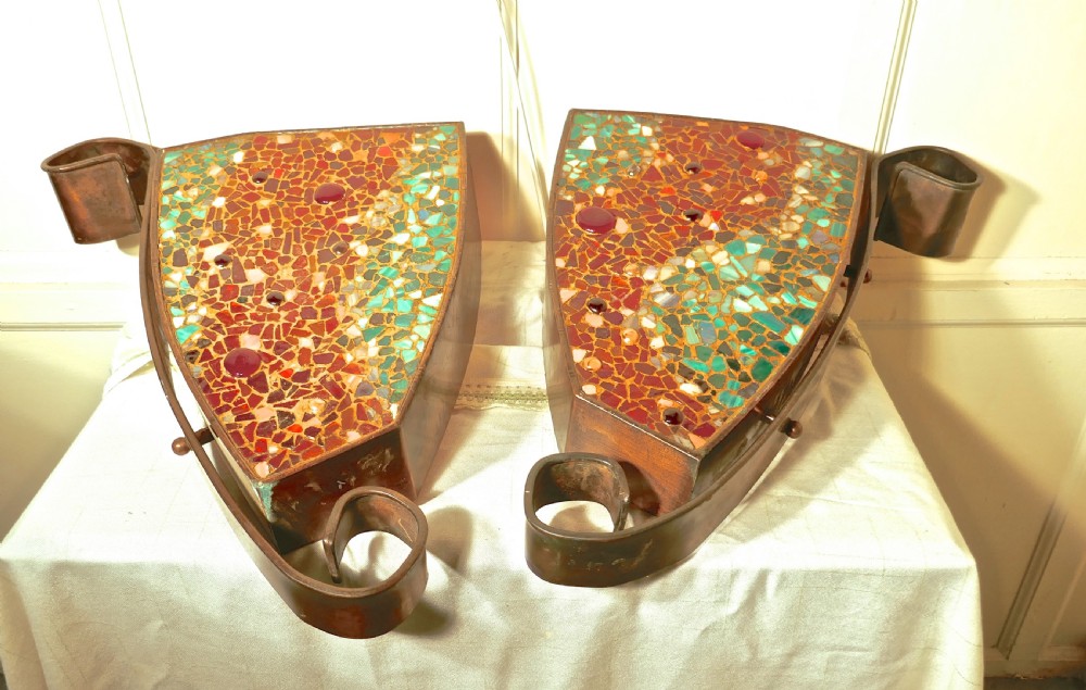 Set of 4 Extra Large Gothic Art Deco Glass and Copper Wall Lights View VII