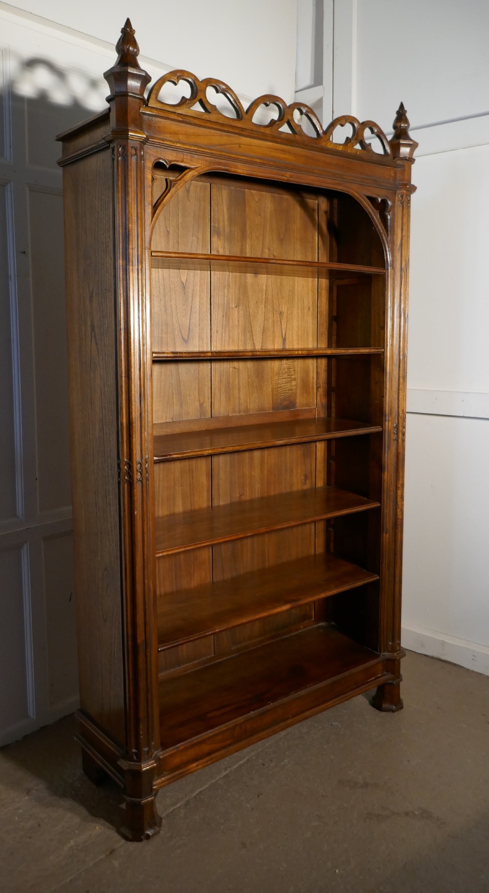 Arts and Crafts Pugin Inspired Tall Carved Gothic Open Book Case View II