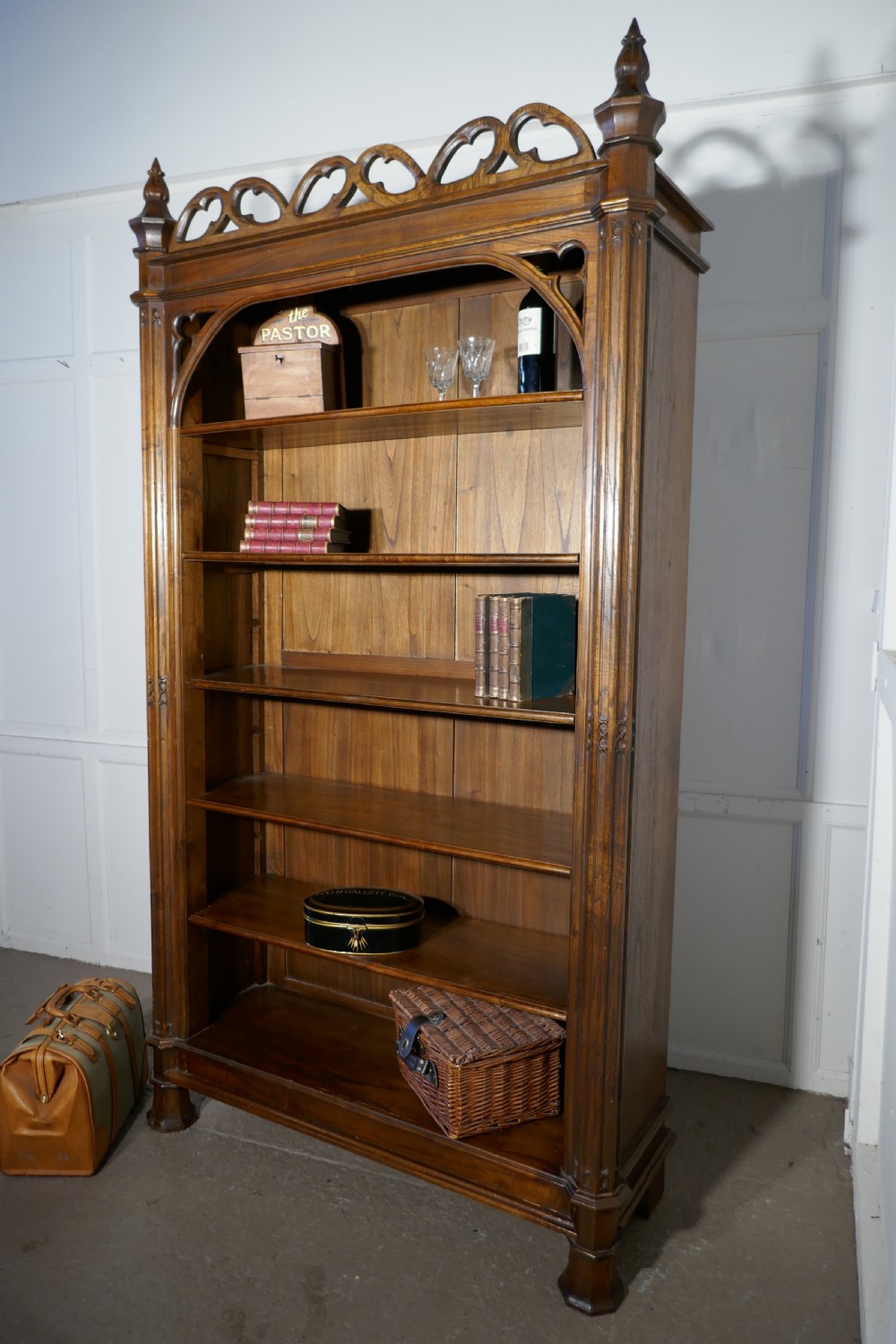 Arts and Crafts Pugin Inspired Tall Carved Gothic Open Book Case View III