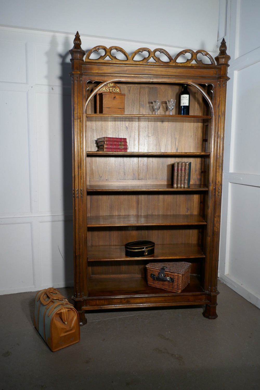 Arts and Crafts Pugin Inspired Tall Carved Gothic Open Book Case View IV