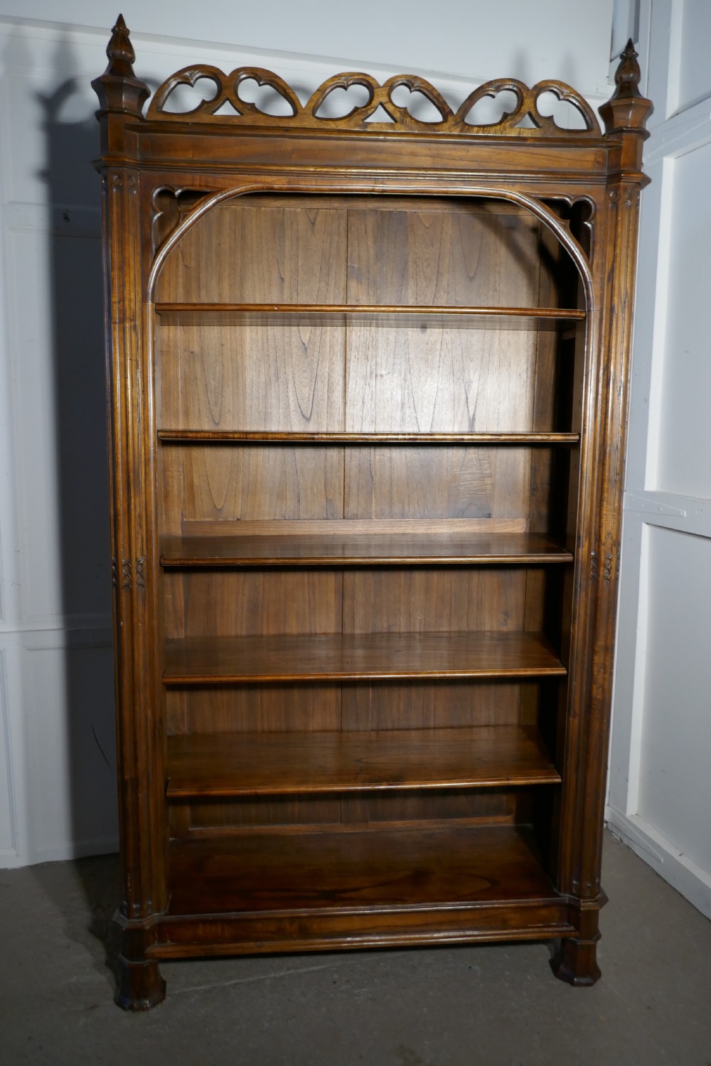 Arts and Crafts Pugin Inspired Tall Carved Gothic Open Book Case View VII