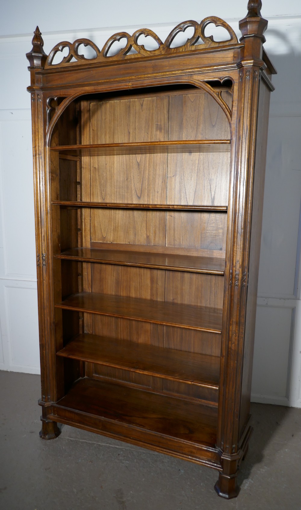 Arts and Crafts Pugin Inspired Tall Carved Gothic Open Book Case View IX