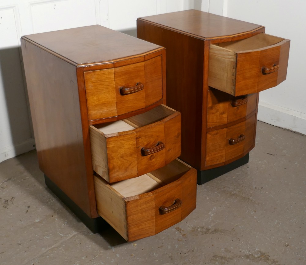 A Pair of Figured Walnut Art Deco Bedside Drawer Cabinets View VI