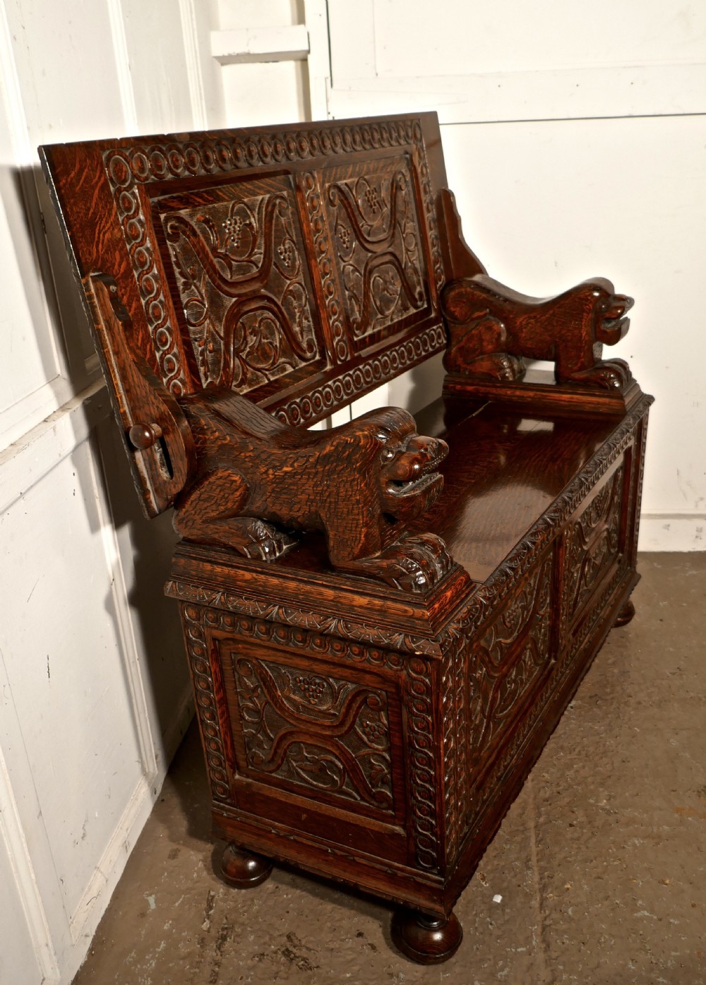 19th Century Carved Oak Monks Bench Settle, Hall table