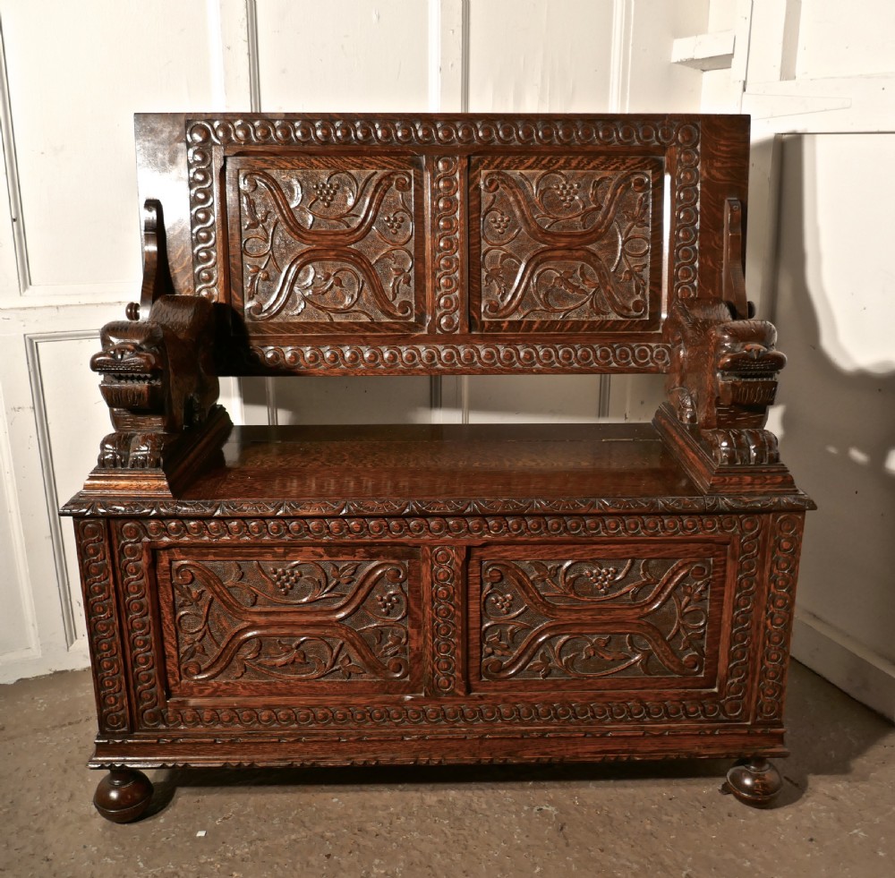 19th Century Carved Oak Monks Bench Settle, Hall table View II