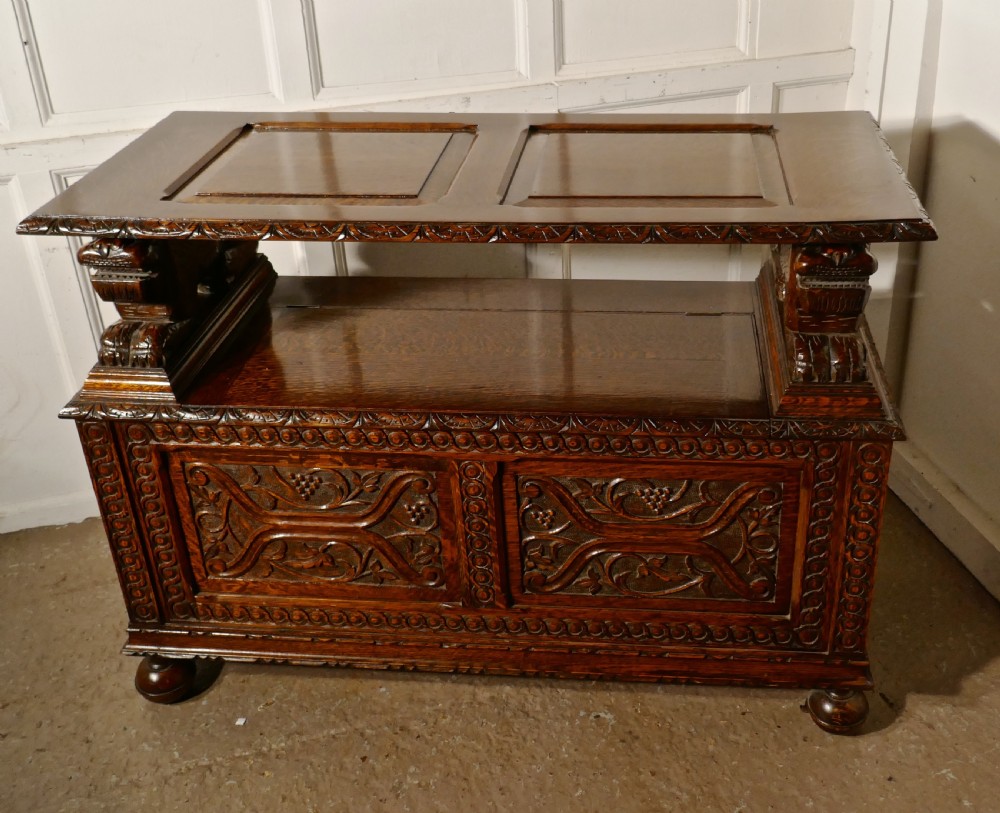 19th Century Carved Oak Monks Bench Settle, Hall table View V