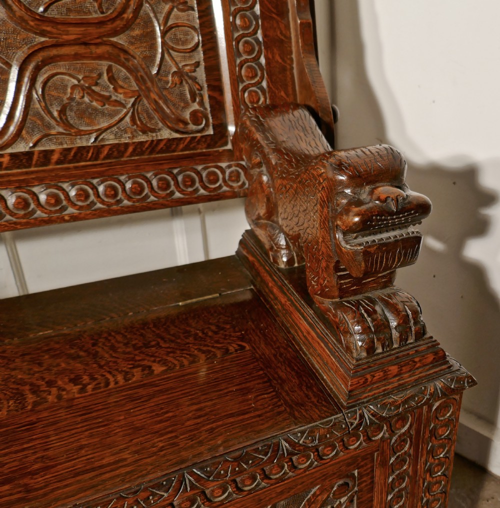 19th Century Carved Oak Monks Bench Settle, Hall table View VI