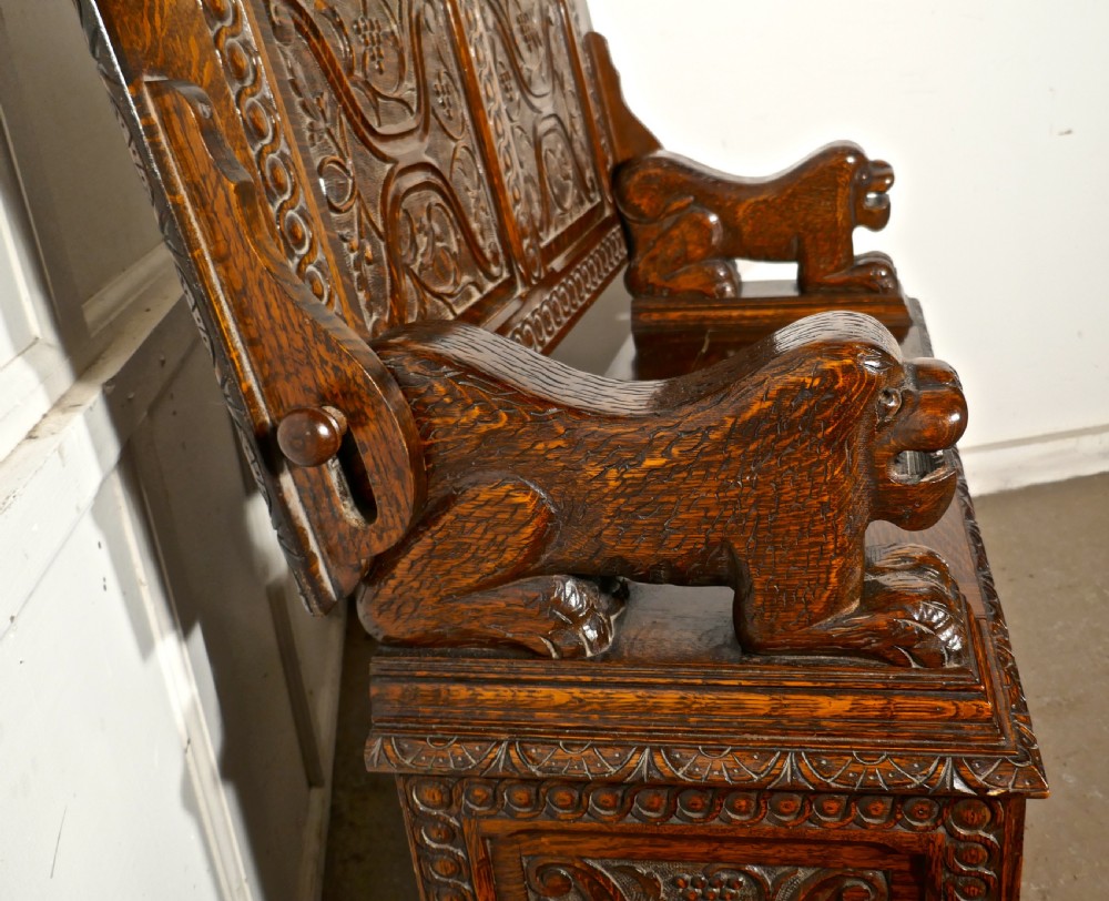 19th Century Carved Oak Monks Bench Settle, Hall table View VII