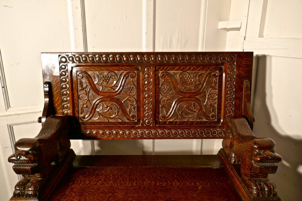 19th Century Carved Oak Monks Bench Settle, Hall table View VIII