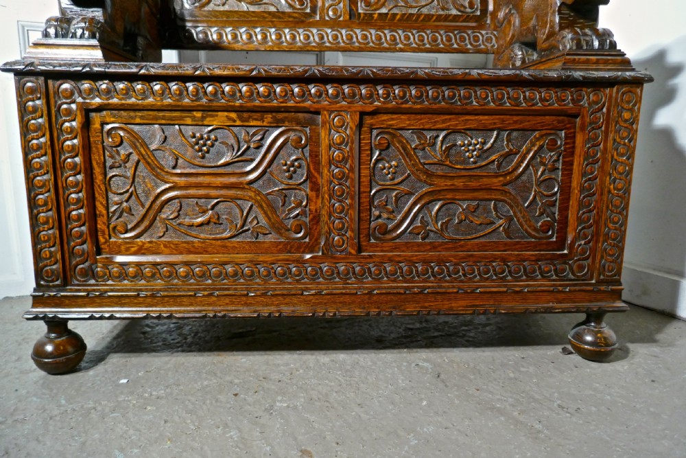 19th Century Carved Oak Monks Bench Settle, Hall table View IX
