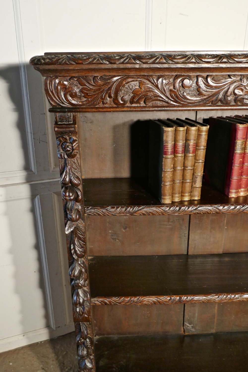 Victorian Green Man Gothic Open Bookcase. View VIII