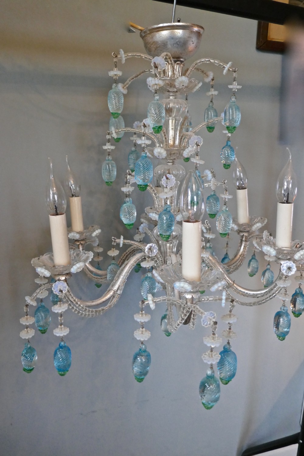 A Charming Italian Silvered Opaline Chandelier View VIII