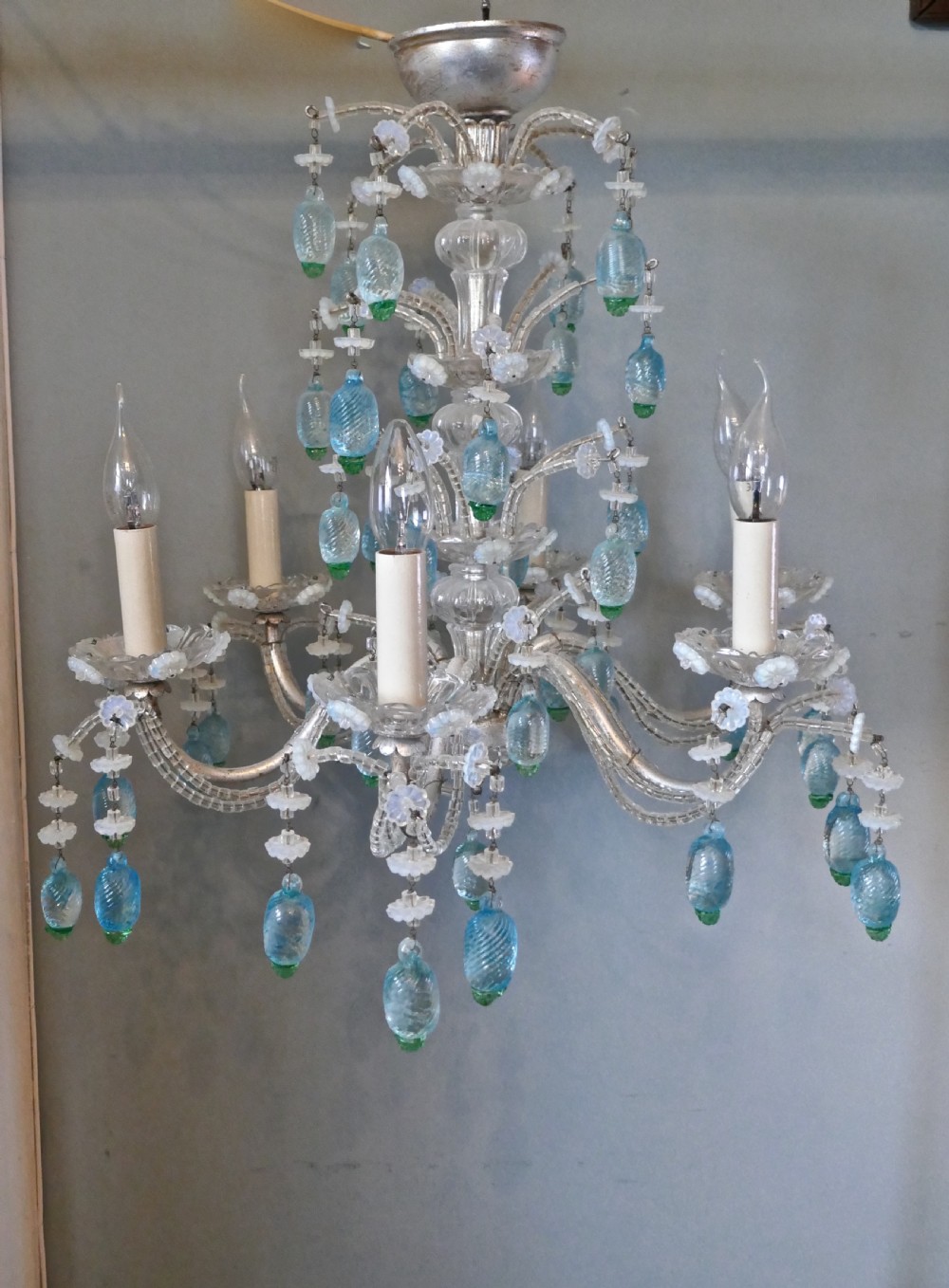 A Charming Italian Silvered Opaline Chandelier View XI