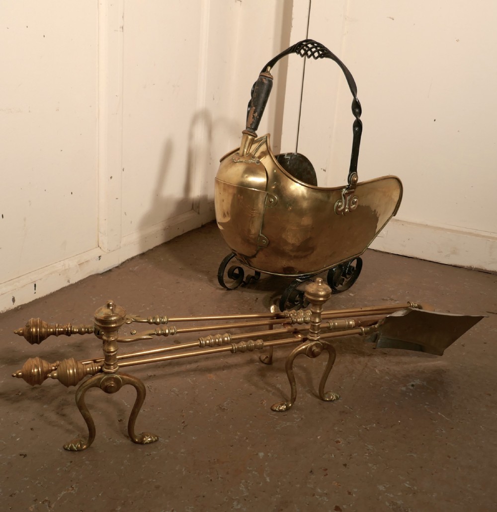 Arts and Crafts Brass Helmet Coal Scuttle and Companion Set