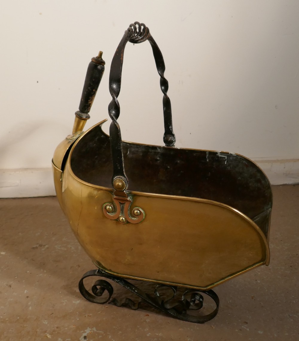 Arts and Crafts Brass Helmet Coal Scuttle and Companion Set View III