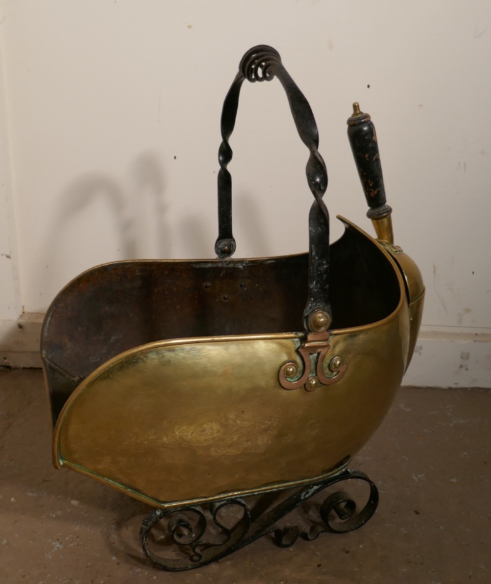 Arts and Crafts Brass Helmet Coal Scuttle and Companion Set View IV