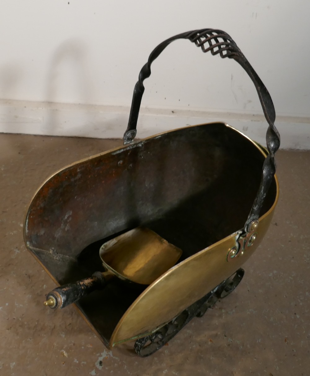 Arts and Crafts Brass Helmet Coal Scuttle and Companion Set View V