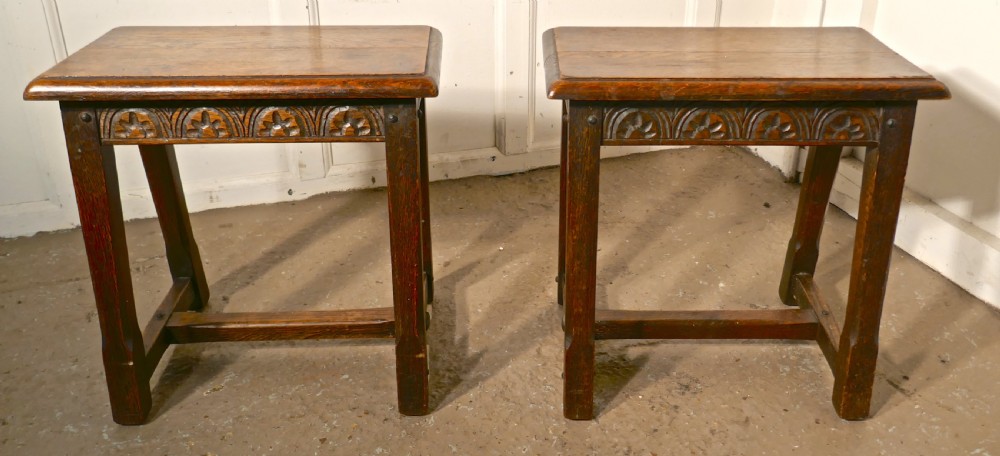 A Pair 19th Century Arts and Crafts Gothic Oak Joint Stools  View III