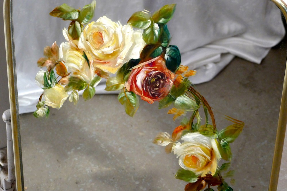 A Victorian Brass and Roses Painted Mirror Fire Screen View II