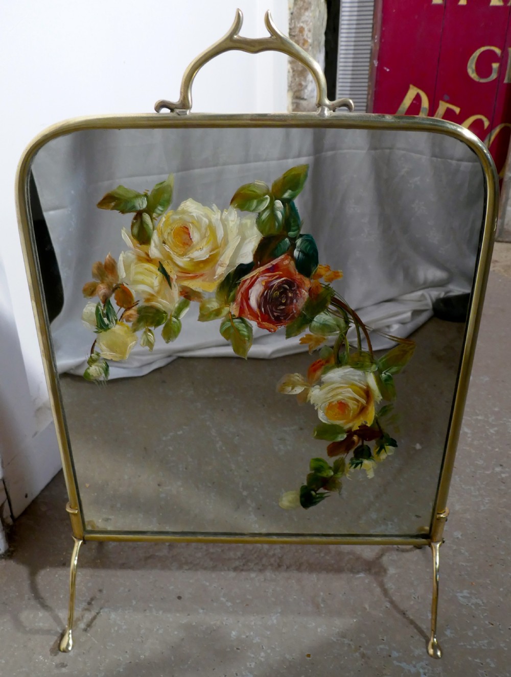 A Victorian Brass and Roses Painted Mirror Fire Screen View IV