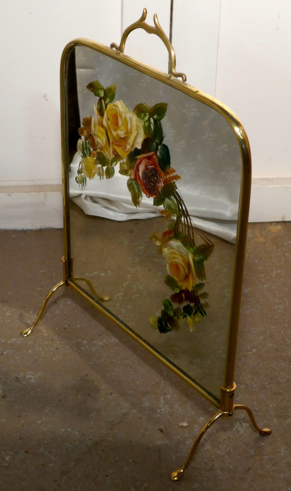 A Victorian Brass and Roses Painted Mirror Fire Screen View V