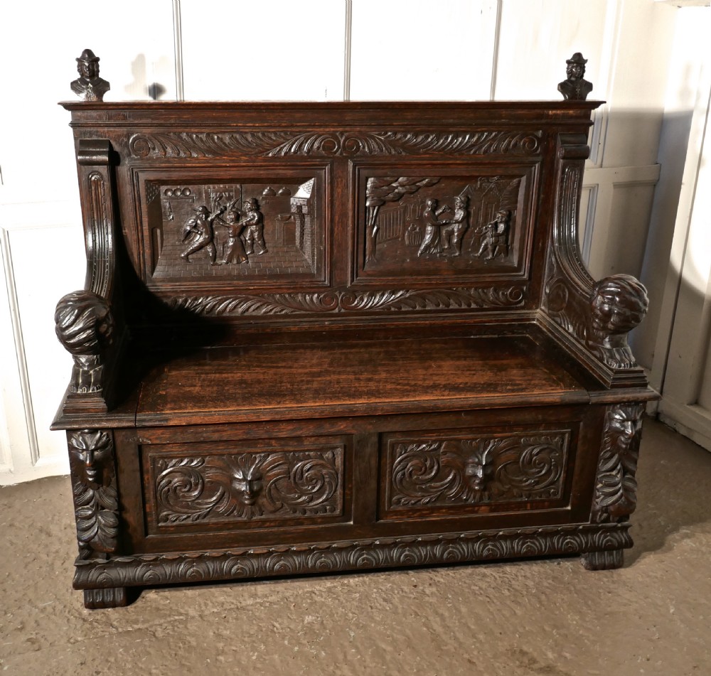 19th Century Gothic Oak Green Man Box Settle, Carved with Resting Lions