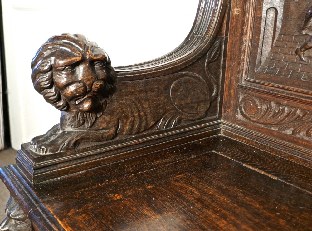 19th Century Gothic Oak Green Man Box Settle, Carved with Resting Lions View III